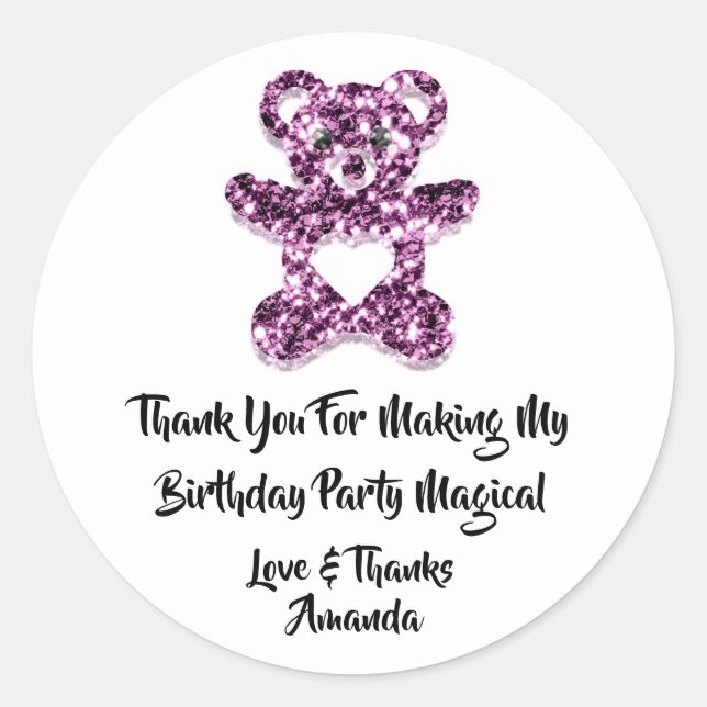 Pegatina Redonda Cumpleaños Favor Purple Heart Baby Sweet Bear (Anverso)