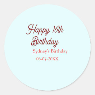 Pegatina Redonda Cumpleaños feliz 16 pastel azul rojo nombre fecha 