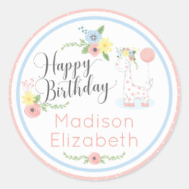 Pegatina Redonda Cumpleaños Feliz 1 Bebé Jirafa Floral Rosa