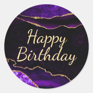 Pegatina Redonda Cumpleaños Feliz Ágata Brillo Púrpura y Dorado