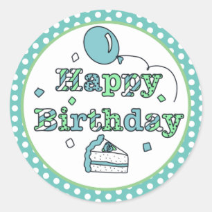 Pegatina Redonda Cumpleaños feliz azul y verde