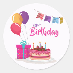 Pegatina Redonda Cumpleaños Feliz Clásico Lindo Moderno Tendencia