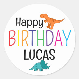 Pegatina Redonda Cumpleaños Feliz Colorido Dinosaurio Personalizado