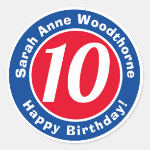 Pegatina Redonda Cumpleaños feliz con nombre y edad 10