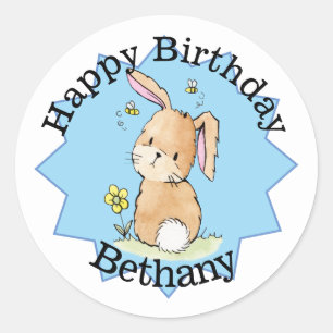 Pegatina Redonda Cumpleaños Feliz Conejo Personalizado