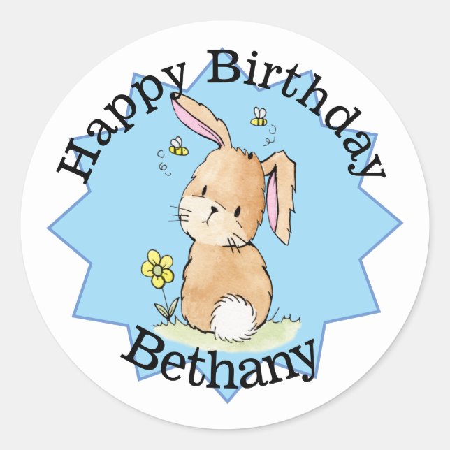 Pegatina Redonda Cumpleaños Feliz Conejo Personalizado (Anverso)