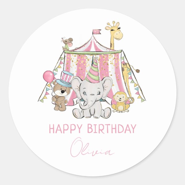 Pegatina Redonda Cumpleaños Feliz del Niño del Carnaval Rosa (Anverso)