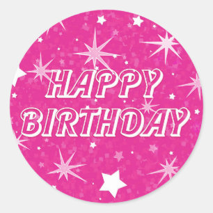 Pegatina Redonda Cumpleaños Feliz Estrellas de Brillo Rosa Intenso