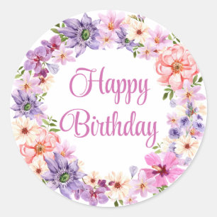 Pegatina Redonda cumpleaños feliz, flores púrpuras acuáticas con es