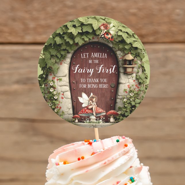 Pegatina Redonda Cumpleaños Feliz Hada Primero Gracias  (Happy Fairy First Birthday Thank You Sticker Can be used with a toothpick to make cupcake toppers)