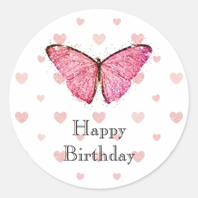 Pegatina Redonda Cumpleaños feliz, mariposa Purpurina rosa Bonito (Anverso)