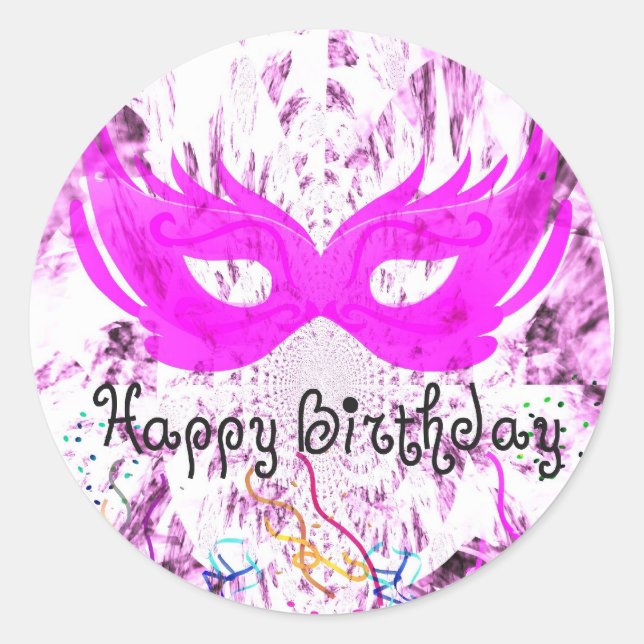 Pegatina Redonda Cumpleaños Feliz Máscara Rosa (Anverso)