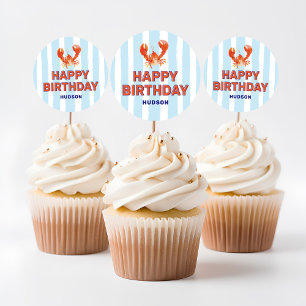 Pegatina Redonda Cumpleaños Feliz Niños Langosta Náutica