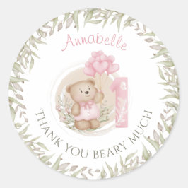 Pegatina Redonda Cumpleaños Feliz Osito De Peluche Agradecido