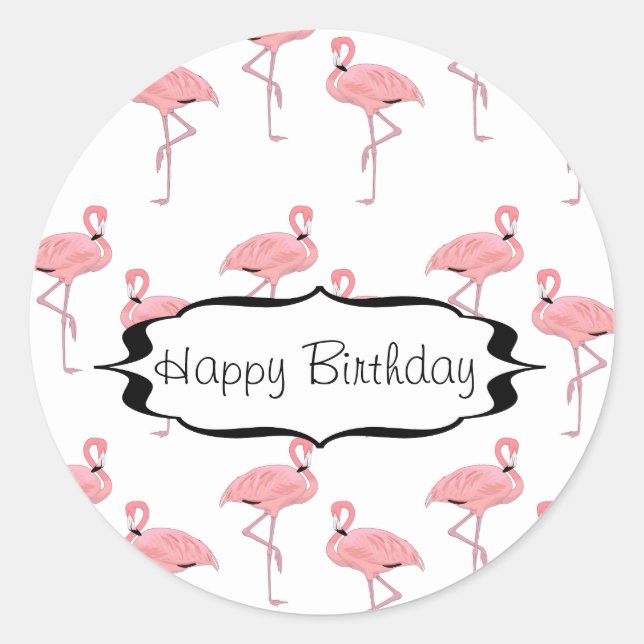 Pegatina Redonda Cumpleaños Feliz Patrón de Flamenco Rosa (Anverso)