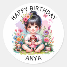 Pegatina Redonda Cumpleaños Feliz Personalizado | Chica asiático bo