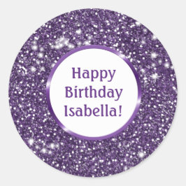 Pegatina Redonda Cumpleaños Feliz Personalizado con Brillo Purpura