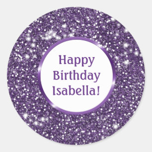 Pegatina Redonda Cumpleaños Feliz Personalizado con Brillo Purpura 