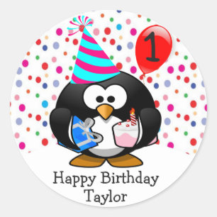 Pegatina Redonda Cumpleaños Feliz Pingüino Lindo Niño 1ro