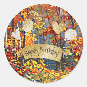 Pegatina Redonda Cumpleaños feliz, pintura artística fina,