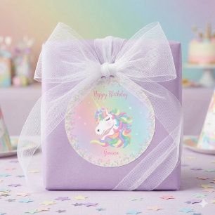 Pegatina Redonda Cumpleaños Feliz Unicornio Arcoíris Pastel