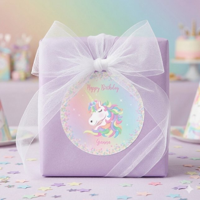 Pegatina Redonda Cumpleaños Feliz Unicornio Arcoíris Pastel (Subido por el creador)
