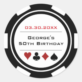Pegatina Redonda Cumpleaños Ficha de Poker Casino Blanco Negro