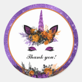 Pegatina Redonda Cumpleaños Floral de Halloween en Unicorn Gracias