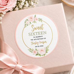 Pegatina Redonda Cumpleaños Floral Gold Script Sweet Sixteen