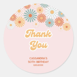 Pegatina Redonda Cumpleaños Floral Retro Daisy Boho Groovy