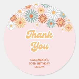 Pegatina Redonda Cumpleaños Floral Retro Daisy Boho Groovy
