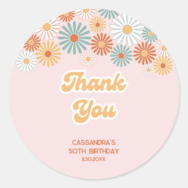 Pegatina Redonda Cumpleaños Floral Retro Daisy Boho Groovy (Anverso)