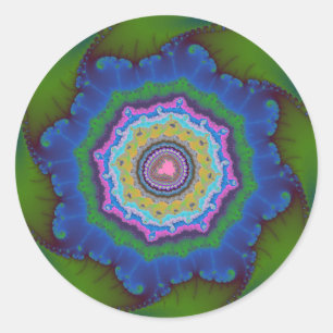 Pegatina Redonda Cumpleaños Fractal Verde y Azul