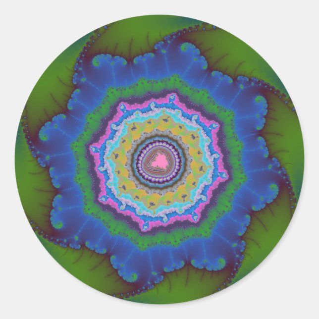 Pegatina Redonda Cumpleaños Fractal Verde y Azul (Anverso)
