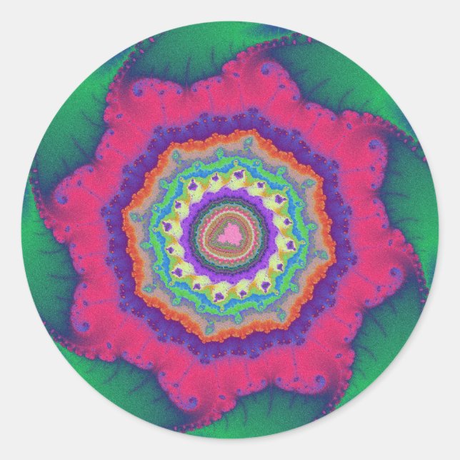 Pegatina Redonda Cumpleaños Fractal Verde y Rosa (Anverso)