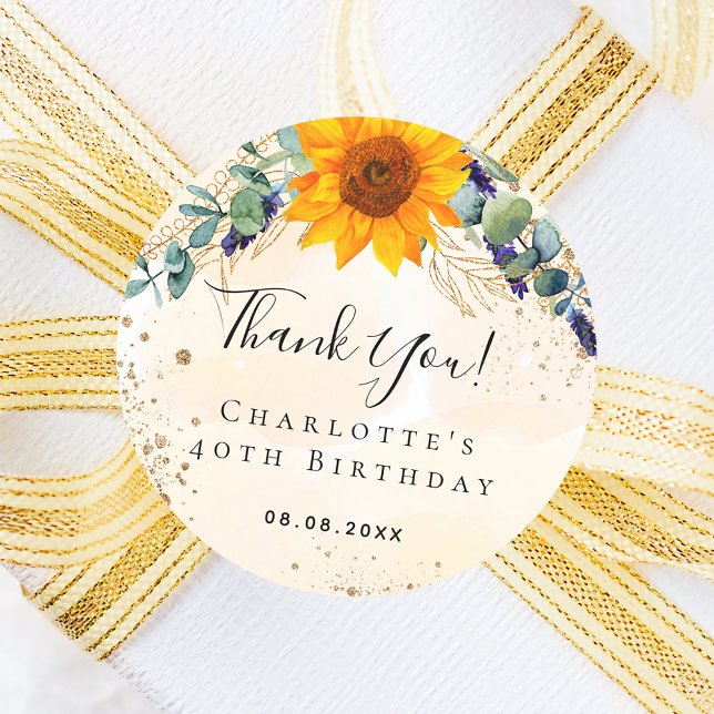 Pegatina Redonda Cumpleaños girasol eucalipto purpurina gracias (Subido por el creador)