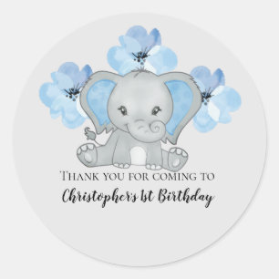 Pegatina Redonda Cumpleaños Globos Flores Elefante Niño Azul Bebé