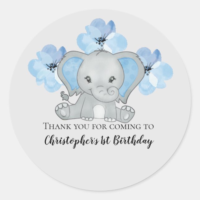 Pegatina Redonda Cumpleaños Globos Flores Elefante Niño Azul Bebé  (Anverso)