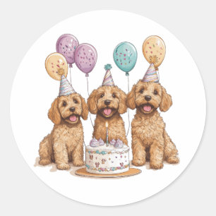 Pegatina Redonda Cumpleaños Goldendoodle Dogs Pastel de cumpleaños