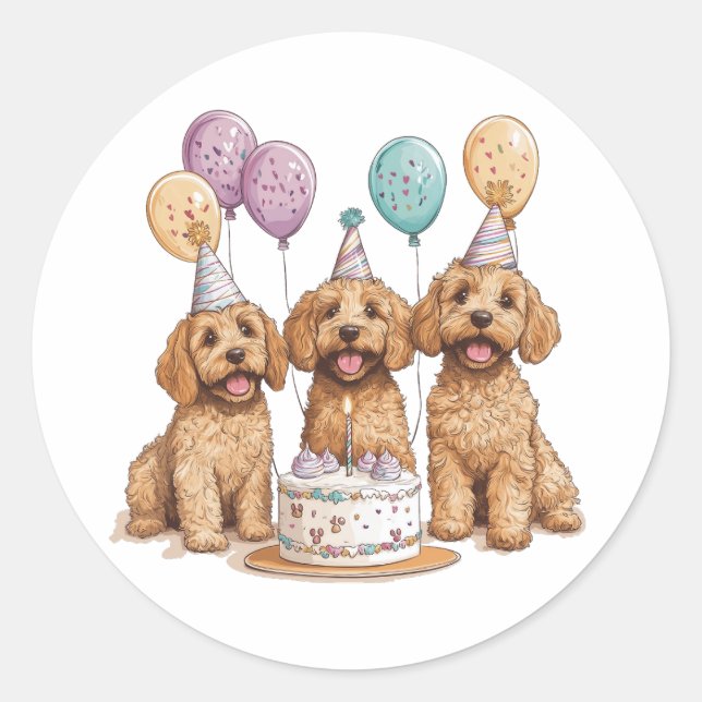 Pegatina Redonda Cumpleaños Goldendoodle Dogs Pastel de cumpleaños (Anverso)