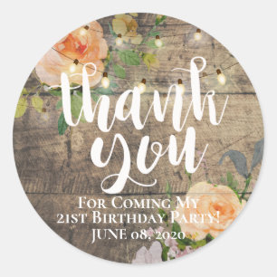 Pegatina Redonda Cumpleaños Gracias Flor Rústica Madera Luz