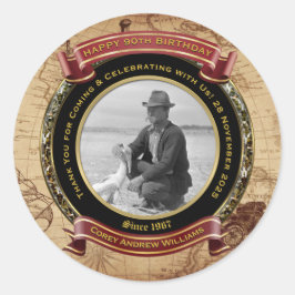 Pegatina Redonda Cumpleaños Hito Oro Foto Mapa Antiguo 90th