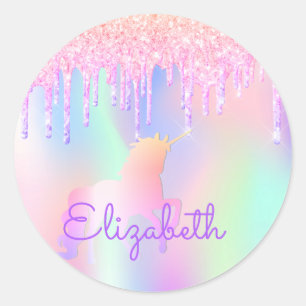 Pegatina Redonda Cumpleaños holográfica rosa unicornio