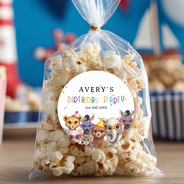 Pegatina Redonda Cumpleaños infantil de animales (Animals Kids Birthday Round Sticker with your Name and Date)