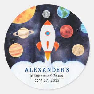 Pegatina Redonda Cumpleaños infantil de planetas de galaxia moderna