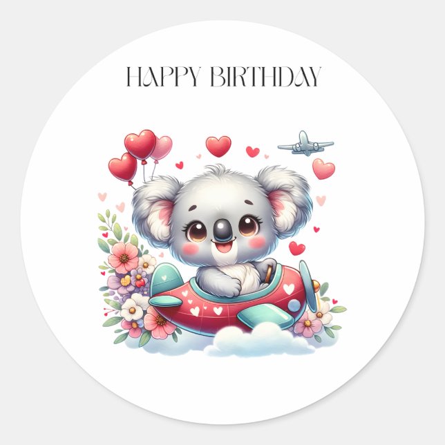 Pegatina Redonda Cumpleaños Koala Piloto (Anverso)
