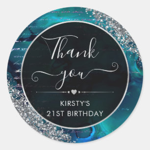 Pegatina Redonda Cumpleaños Letras Sirena Brillo Irisado Verde Teal