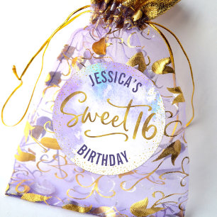 Pegatina Redonda Cumpleaños lila de Watercolor dorado para dulces 1