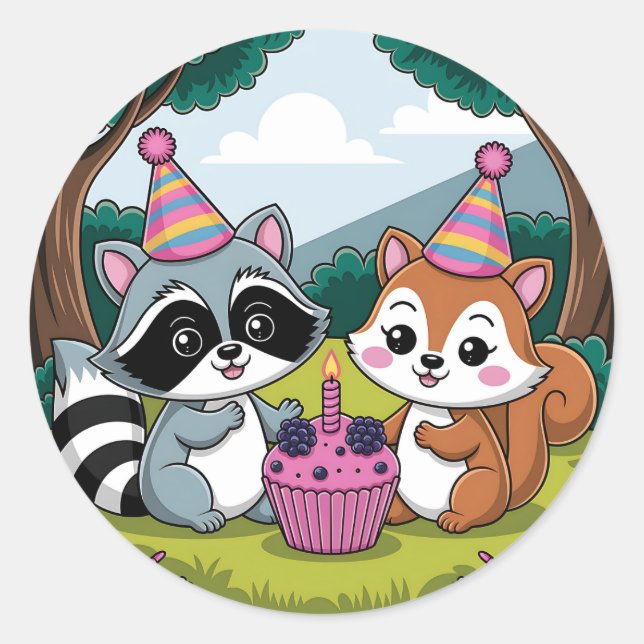 Pegatina Redonda Cumpleaños lindo de Ardilla y Mapache (Anverso)