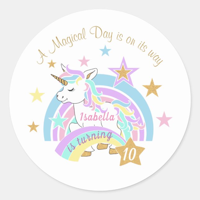 Pegatina Redonda Cumpleaños mágico de unicornio (Anverso)